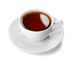 White porcelain cup stands on saucer filled black tea isolated on white background