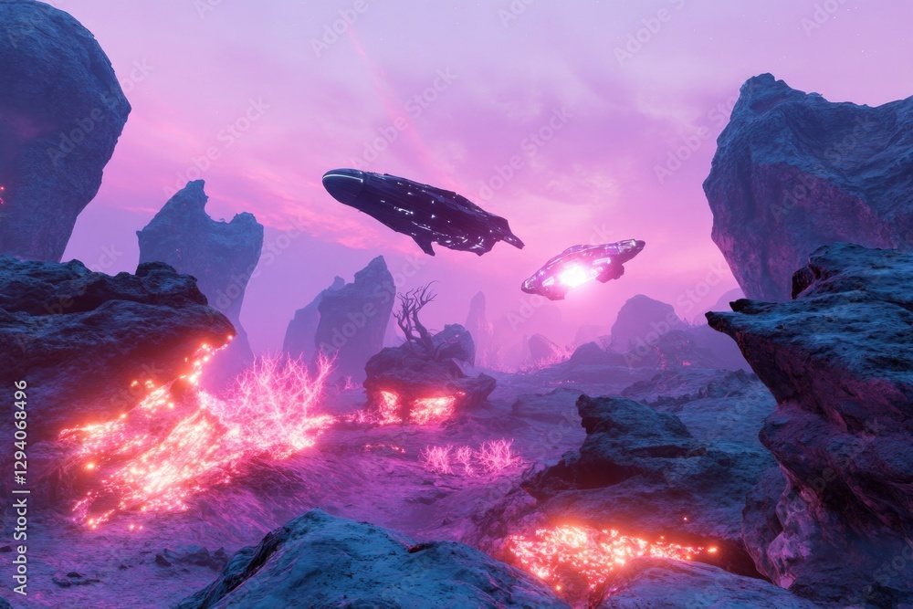 Aufkleber expansive view of alien planet with peculiar rock formations and glowing fauna intergalactic spacesh