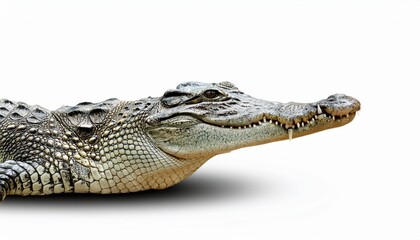 Naklejka premium Striking Closeup of a Majestic Crocodile Against a White Backdrop, Emphasizing Textures and Powerful Details, Capturing the Aweinspiring Beauty of Natures Apex Predator.