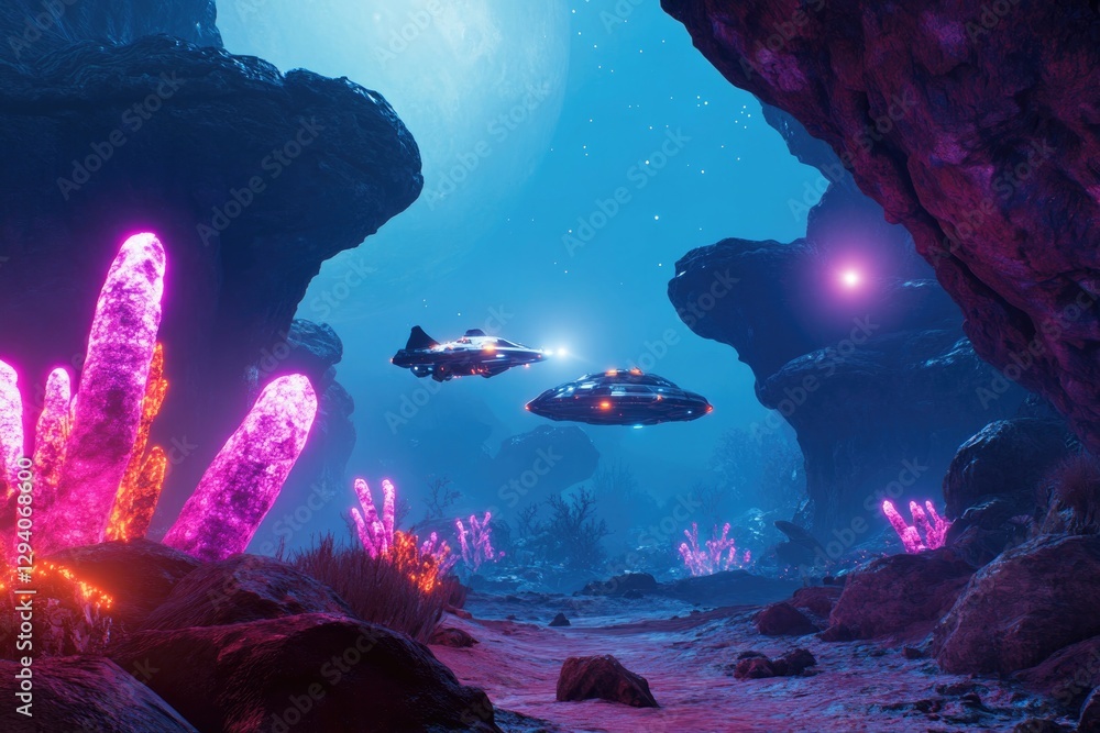 Aufkleber expansive view of alien planet with peculiar rock formations and glowing fauna intergalactic spacesh