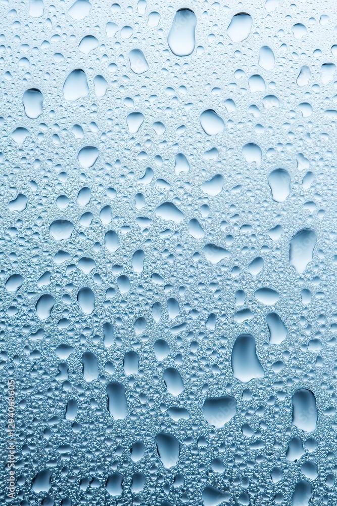 Poster a close-up view of water droplets on a smooth surface, creating a textured and reflective aesthetic 
