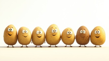 Happy potato friends holding hands; white background; children's book illustration