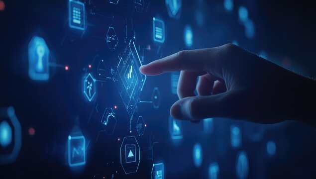Hand interacts with digital interface, futuristic background, data analysis