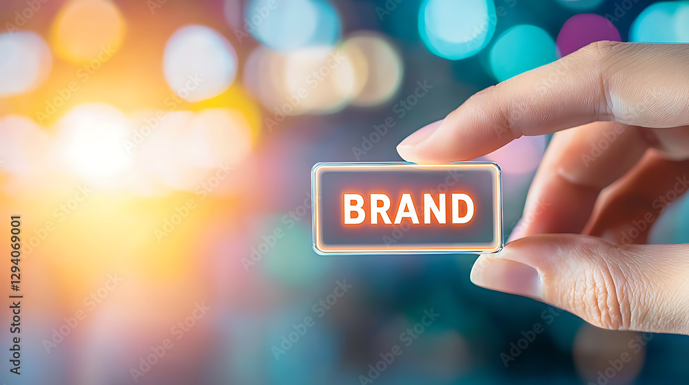 Poster hand holding a digital sign with text. the sign is glowing with a light effect, and the background i