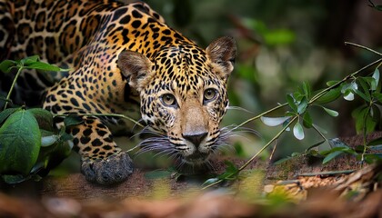 Sri Lankan Leopard Camouflaged in Tropical Jungle, Hidden Amongst Dappled Light and Vibrant Flora, Capturing the Mystique of a Predator Stalking its Prey Under a Crescent Moon