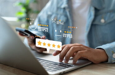 Online customer satisfaction Survey service concept, client rate service from experience in application,Consumer give five-Stars and feedback review for quality, Business reputation ranking from buyer