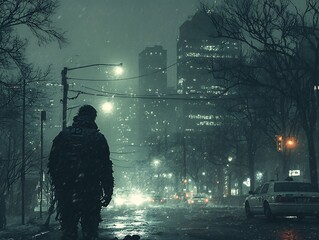 A solitary figure walks alone on a snowy street