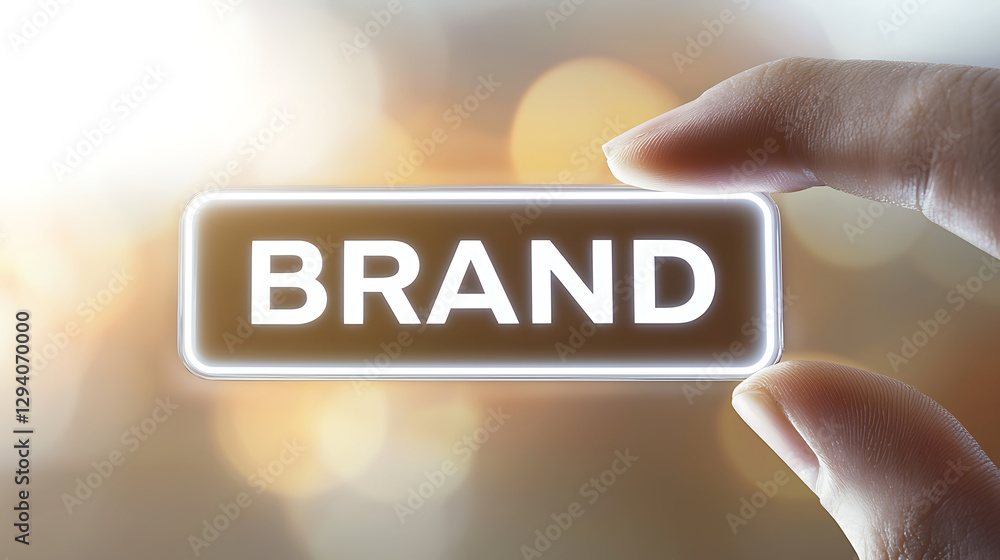 Poster hand touching a glowing digital button displaying the word 'brand' on a blurred bokeh background, sy