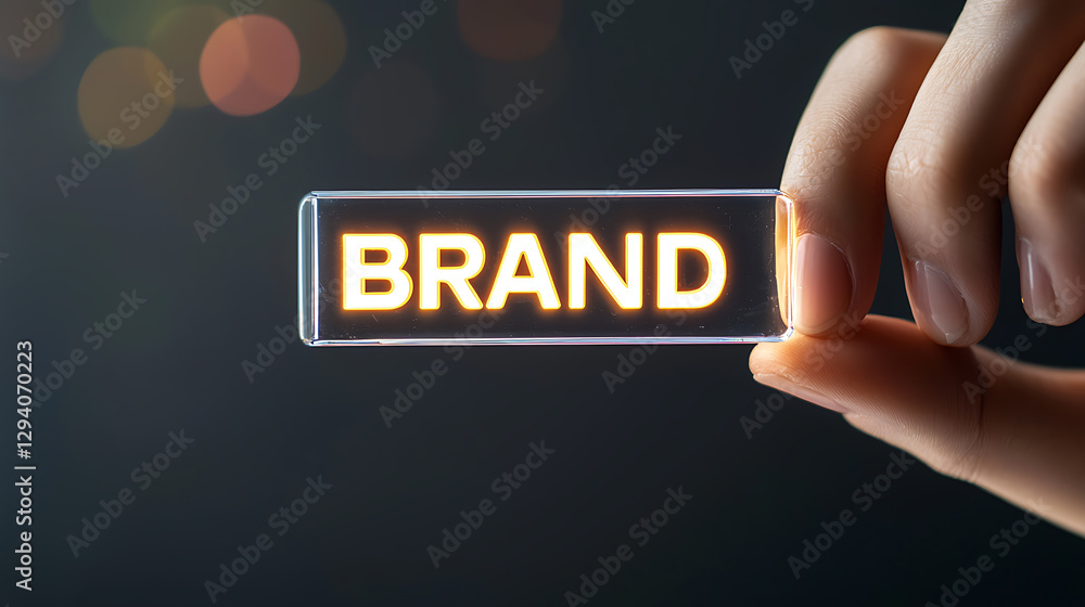 Poster illuminated word in hand: hand holds a transparent display with a glowing word, set against a dark b