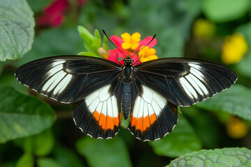 A close-up of a butterfly on a colorful flower, with its wings spread.