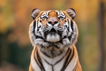 Fototapeta premium close-up image of siberian tiger in serene woodland setting showcasing vibrant orange hues of its fur