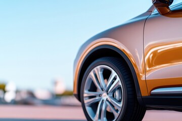 close-up image of sleek polished suv or crossover vehicle car gleaming under natural light showcasing smooth contour