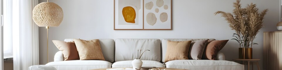 Interior shot of a living room featuring a beige sofa, throw pillows, and minimalist wall art. A woven lamp and pampas grass add to the neutral color scheme.