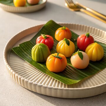 Intricately crafted Thai dessert look choop resembling colorful fruits on banana leaf, beautifully arranged on ceramic plate