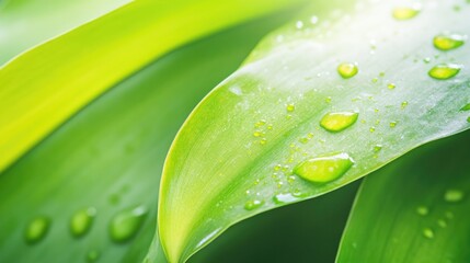 close-up of vibrant green leaf with dew drops bright morning sunlight copy space