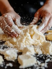 Fototapeta premium Hands kneading dough with flour on a dark surface creating a culinary masterpiece with passion and skill for baking