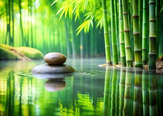 Serene water reflection with tranquil zen stone surrounded by lush greenery and swaying bamboo , zen, stone, zen, stone