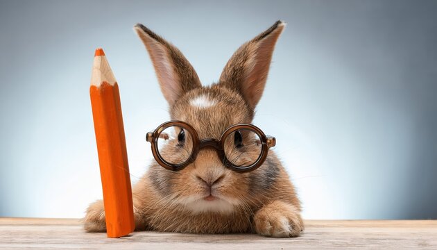 Witty Rabbit with Glasses and Carrot Pencil Prepares to Take Notes Whimsical Study of a Literate Bunny in a Vibrant CarrotInspired Office Setting, Featuring Playful Textures and Pop Art Colors.