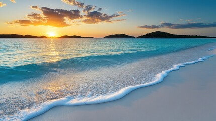 Obraz premium Waves gently touching the shore as the sun sets behind distant islands, warm glow over white sand