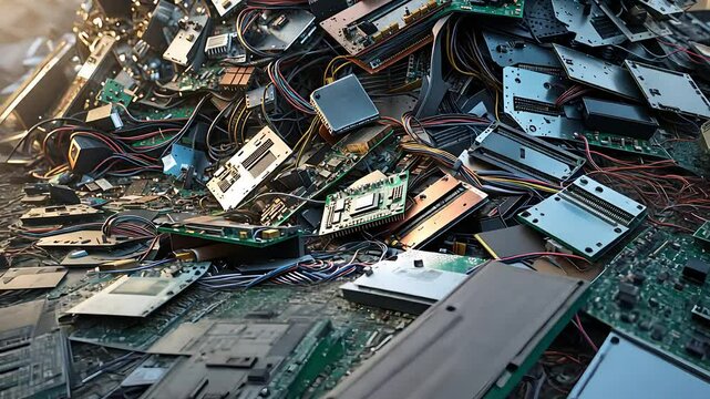 Pile of Discarded Electronic Waste with Old Circuit Boards, Processors, and Computer Components in a Recycling Dump

