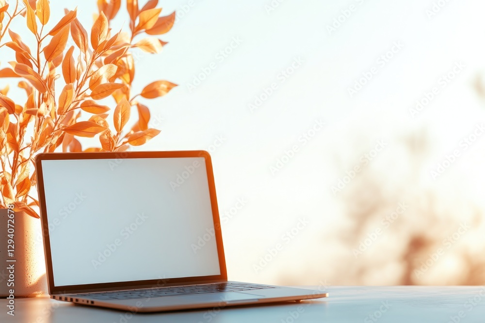 Poster close-up shot of open laptop with blank screen on tidy desk natural light flows softly on it