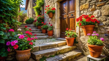 Charming Street Steps, Flower Pots, Old Door - Rustic Architecture Stock Photo