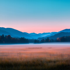 Changing season as the sun sets over a misty landscape, warm autumn tones with the cool blues, background