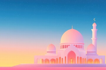 flat design illustration of eid al-fitr celebration scene featuring illuminated mosque dome under starry sky