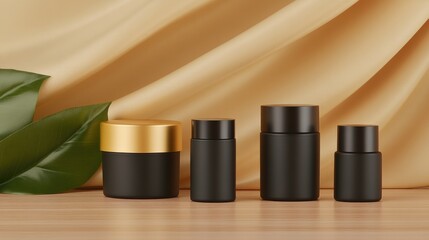 Elegant collection of black and gold cosmetic containers against