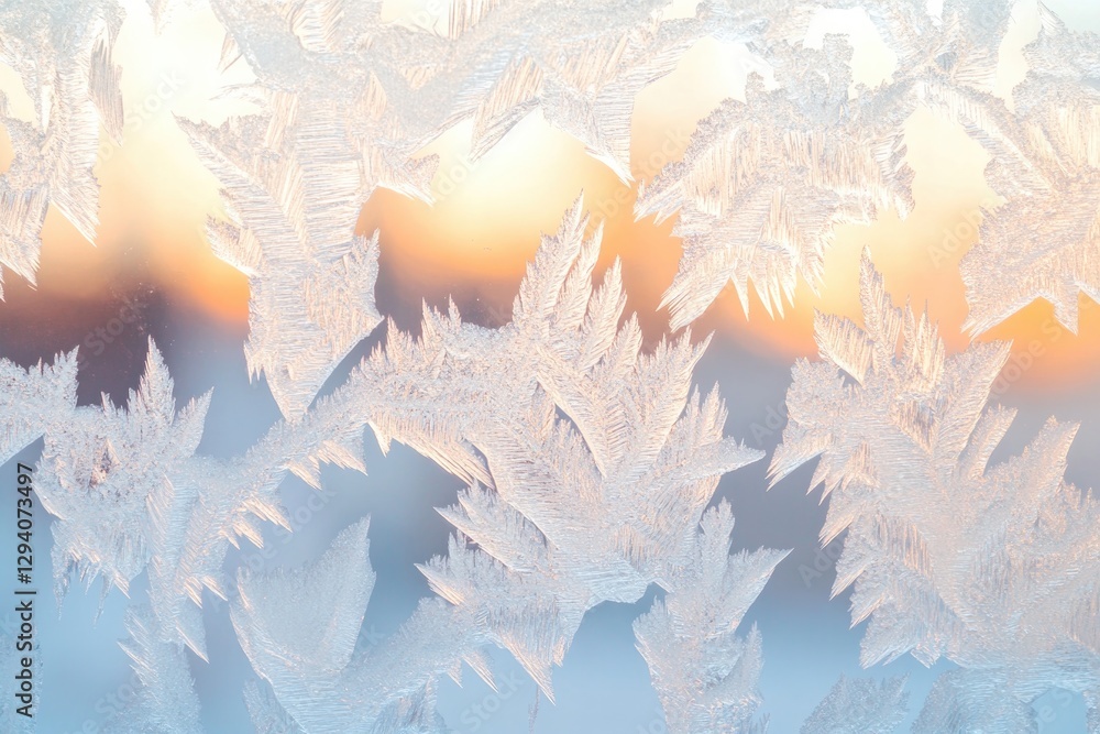 Poster frosty patterns on window create intricate designs illuminated by early sunlight blurred background 