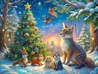 Charming Woodland Critters Celebrate Christmas Around Snowy Tree