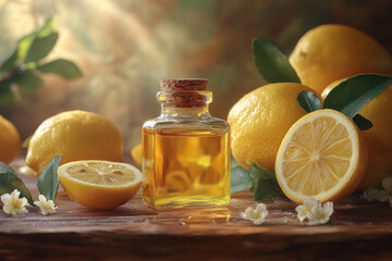 A glass bottle with golden lemon essential oil, closed with a cork lid. It stands on a wooden surface among fresh lemons, both whole and cut in half, with shiny skin and juicy pulp 