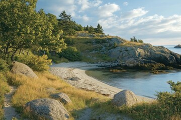 Obraz premium Coastal Maine Tranquility: Clark Island's Rugged Shoreline and Boulders