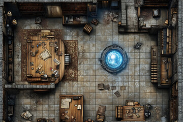 Detailed Battle Map Game Theme Showing Stone Floor Wooden Tables Artifacts and Energy Orb with Brown and Blue Hues Overhead View