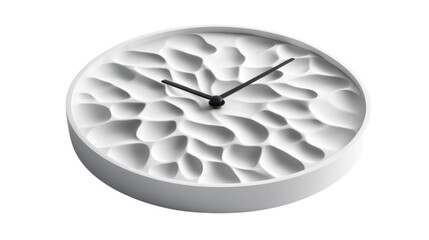 Unique modern wall clock with textured white surface and minimalist design isolated on transparent background, PNG