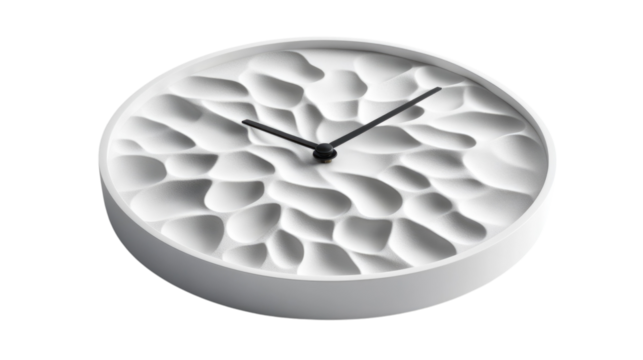 Unique modern wall clock with textured white surface and minimalist design isolated on transparent background, PNG