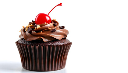 delicious chocolate cupcake isolated on white background with a cerry on top