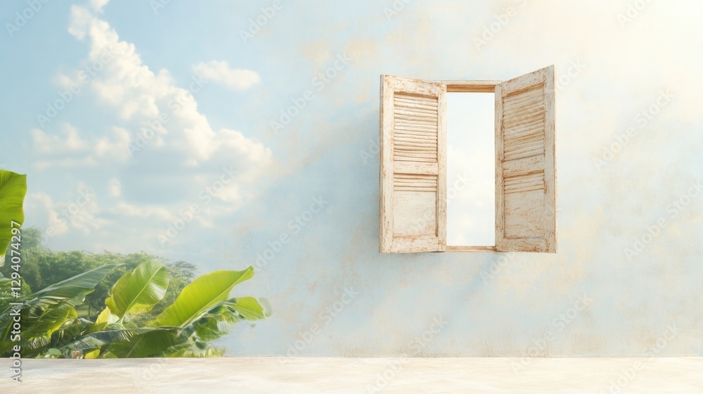 Poster rustic open window in countryside setting overlooking greenery under bright and sunny sky