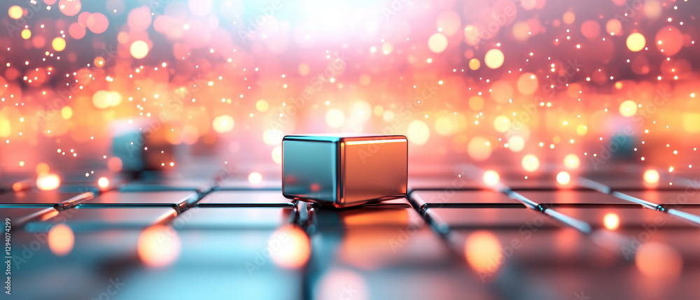 Poster smooth metallic cube sits on reflective surface, surrounded by vibrant bokeh lights and dreamy atmos
