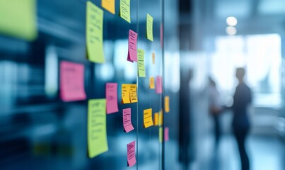 Fototapeta premium Sticky notes brainstorm on glass wall office.
