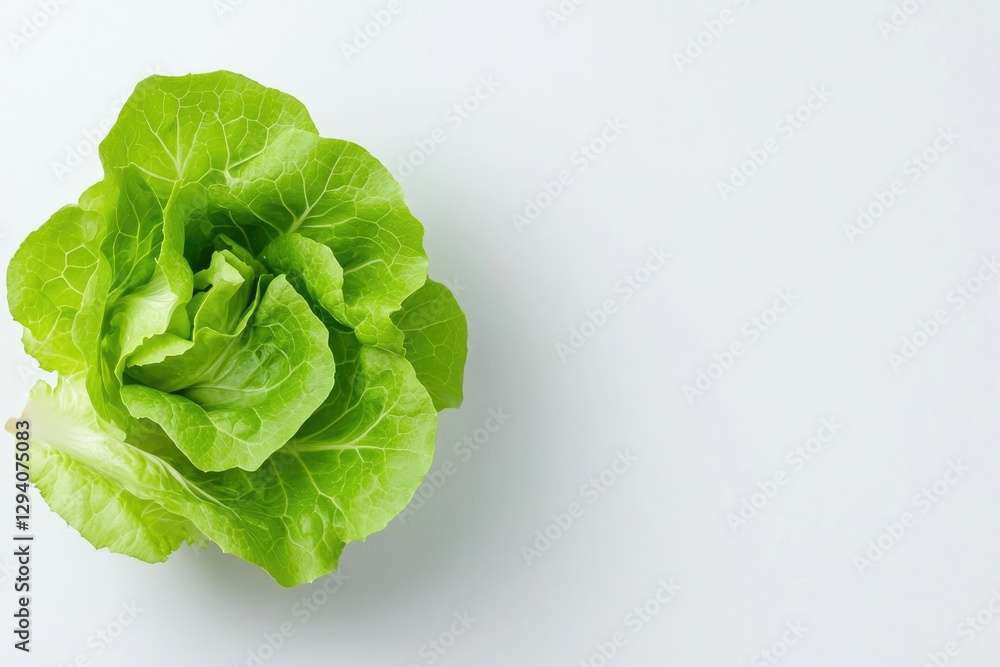 Poster clean photo of single leafy lettuce head placed on pristine white background surrounded by soft shad