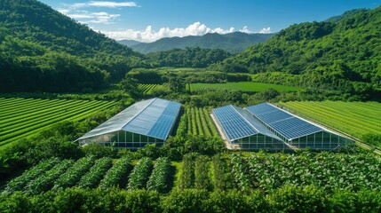 Lush green landscape showcases solar-powered greenhouses amidst