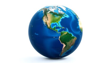 Fototapeta premium Una representación digital detallada del planeta Tierra, centrada en el continente norteamericano, sobre un fondo completamente blanco. La obra de arte emplea una paleta de colores vibrantes