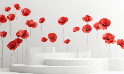 White round podium stage with poppy flowers.