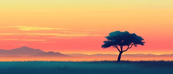 Serengeti Sunset: Stunning African Savannah Landscape with Solitary Tree Silhouetted Against Sun, Ideal for Travel Brochures and Wall Art