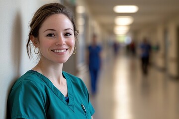 Smiling Female Healthcare Professional in Teal Scrubs in Hospital Corridor