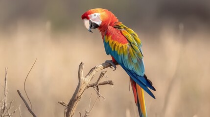 Obraz premium A vibrant macaw, adorned in a feast of colors, sits on a branch preening its feathers, capturing the essence of exotic beauty and jungle vibrancy.