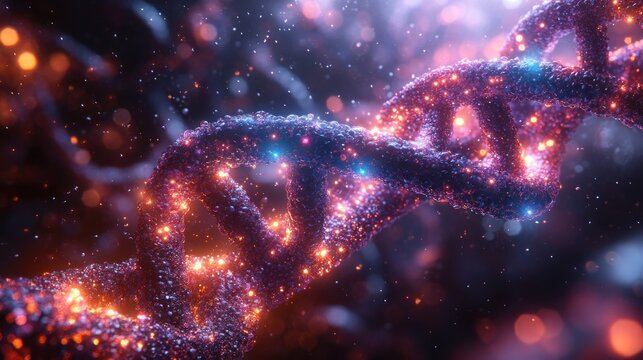 Glowing DNA helix rotating in particle field, microscopic view