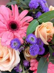 Bunched up bouquet flowers  for sale in a shop close up for present gift