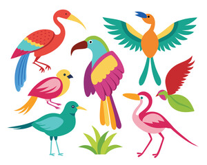 Exotic Birds Icon Collection – Outline Vector Set of Hummingbird, Flamingo, Parrot, Toucan & Swallow